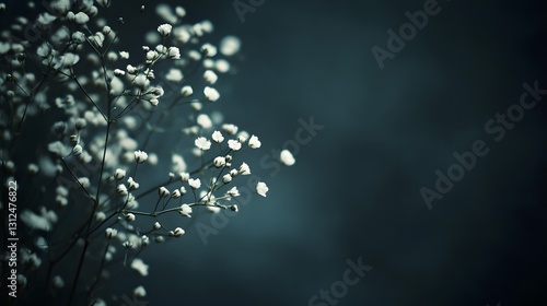 Delicate white flowers are blooming against a dark background