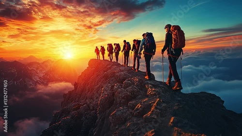 Summit Serenity: A group of hikers stands silhouetted against a breathtaking sunset, their journey leading them to a mountain summit, framed by the vast expanse of the natural world.
