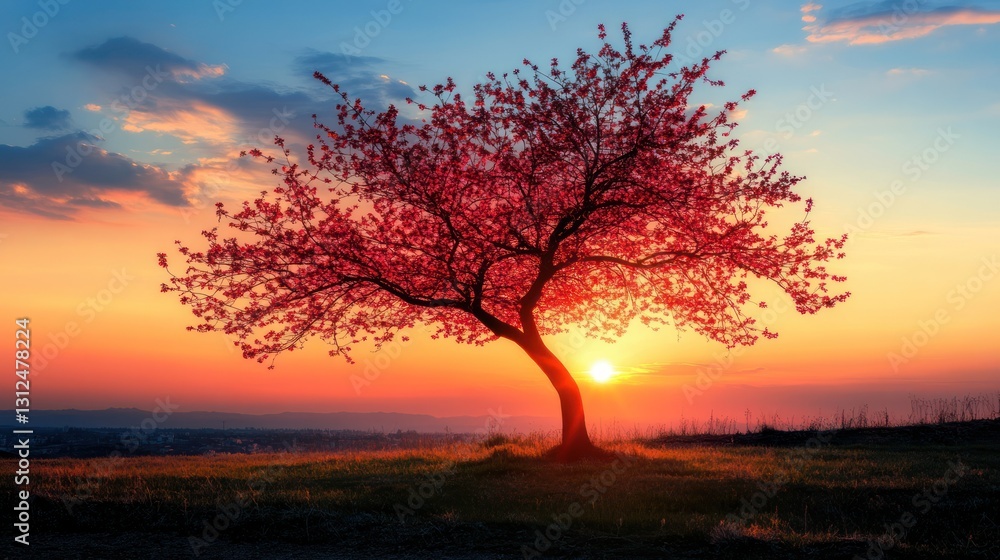 A solitary tree with red leaves stands against a sunset sky A solitary tree with red leaves stands against a sunset sky