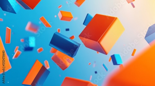 bright orange and blue abstract design with floating geometric shapes and sharp gradients, vibrant and energetic, futuristic and modern