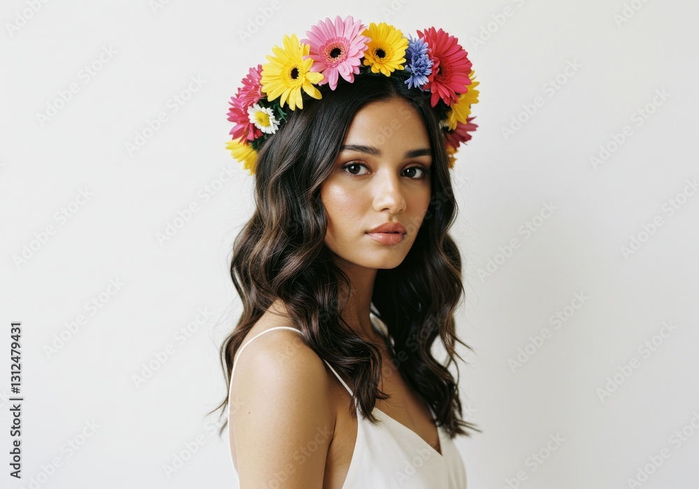 Naklejka premium Woman with Floral Headcrown - A young woman with long brown wavy hair wears a vibrant flower crown. She's wearing a simple white dress against a white background