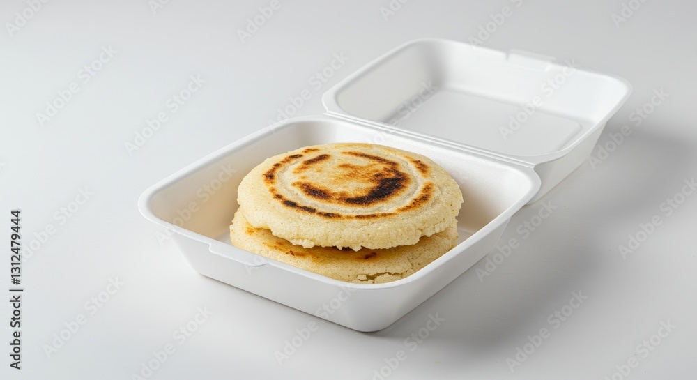 Arepas in a Takeout Container - Two delicious arepas stacked in a white foam takeout box, ready to enjoy Arepas in a Takeout Container - Two delicious arepas stacked in a white foam takeout box, ready to enjoy