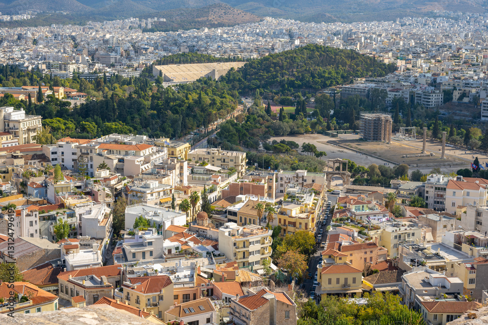 Panoramic view of Athens from Acropolis, Greece. Athens Cityscape, Plaka and Skyline in Greece, Europe Panoramic view of Athens from Acropolis, Greece. Athens Cityscape, Plaka and Skyline in Greece, Europe