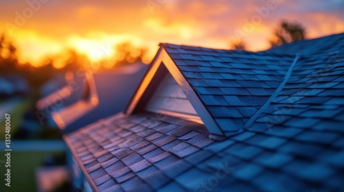 Sunset over residential roof tiles photo