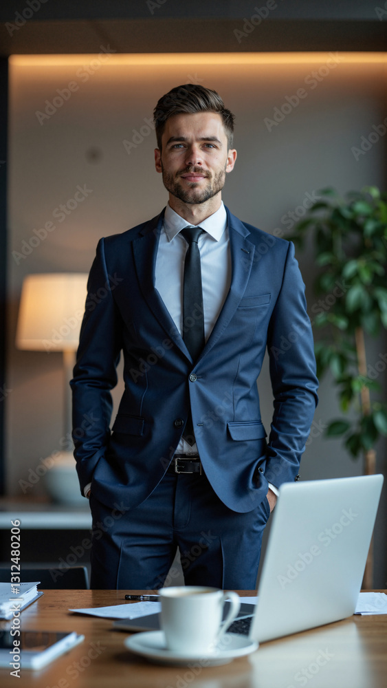 Professional Man in Tailored Suit in Modern Office Setting, Ideal for Corporate Marketing and Human Resources Materials Professional Man in Tailored Suit in Modern Office Setting, Ideal for Corporate Marketing and Human Resources Materials