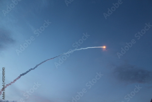An Ariane rocket flying from the sky of Kourou in French Guiana