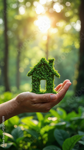 Innovative Eco House Concept: A Hand Cradling a Stylized Eco House Icon in a Lush Green Nature Setting for Sustainable Living Marketing photo