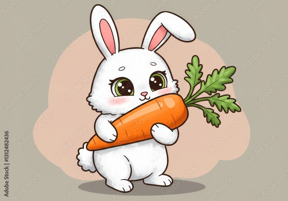Obraz premium Cute Bunny Holding a Carrot Illustration - Adorable cartoon rabbit, large eyes, holding a big carrot, springtime, healthy eating. Symbolizes: happiness, wholesomeness, springtime, harvest