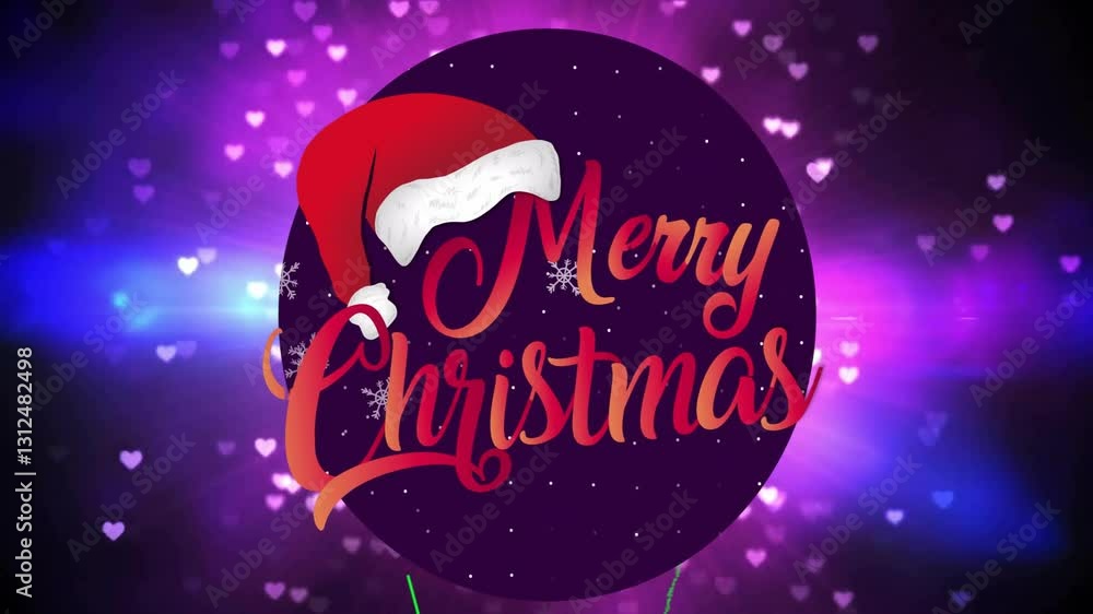 Animation of Merry Christmas text with Santa hat and snowflakes on purple heart Animation of Merry Christmas text with Santa hat and snowflakes on purple heart