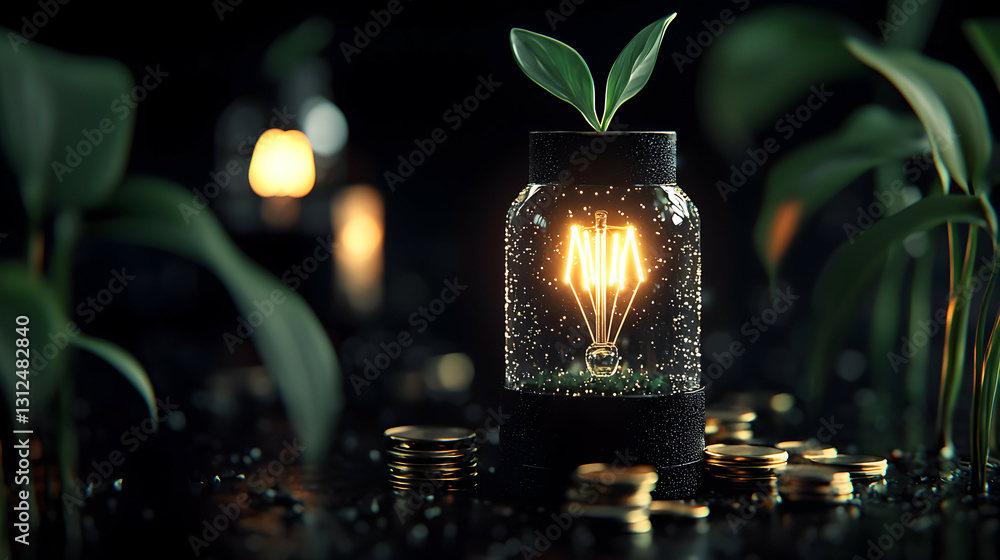 A glowing lightbulb inside a jar with growing plant sprouts