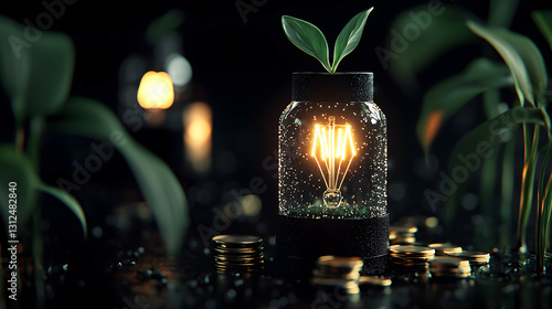 Obraz na płótnie A glowing lightbulb inside a jar with growing plant sprouts w salonie