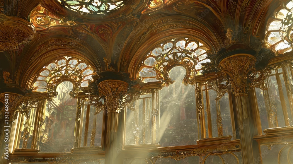 Fototapeta premium Majestic Interior of an Ornate Palace with Light Beams and Details