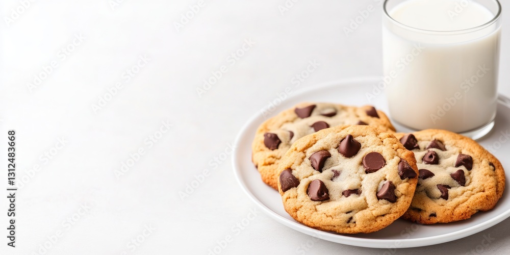 Chocolate chip cookies on a white plate with milk Chocolate chip cookies on a white plate with milk