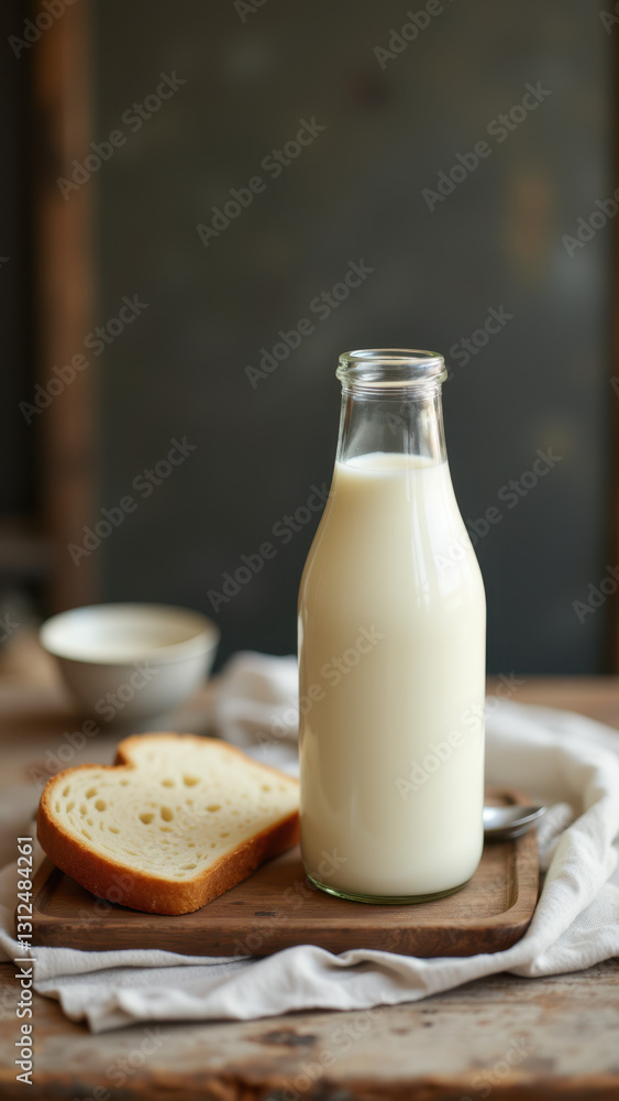 Glass bottle with milk on a wooden surface alongside slices of bread. Glass bottle with milk on a wooden surface alongside slices of bread.
