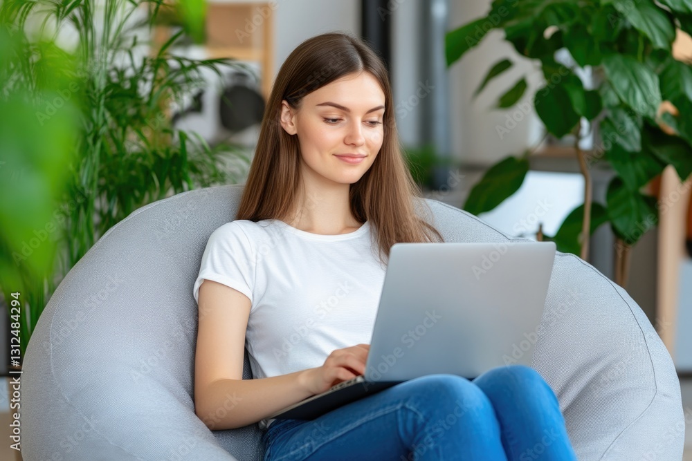 Female freelancer sitting on bean bag chair working on laptop Female freelancer sitting on bean bag chair working on laptop