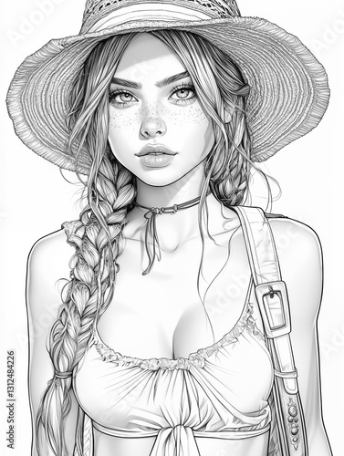 Wallpaper Mural Coloring page for adults, beautiful girl in sunglasses, swimsuit, hat on the beach at the resort Torontodigital.ca