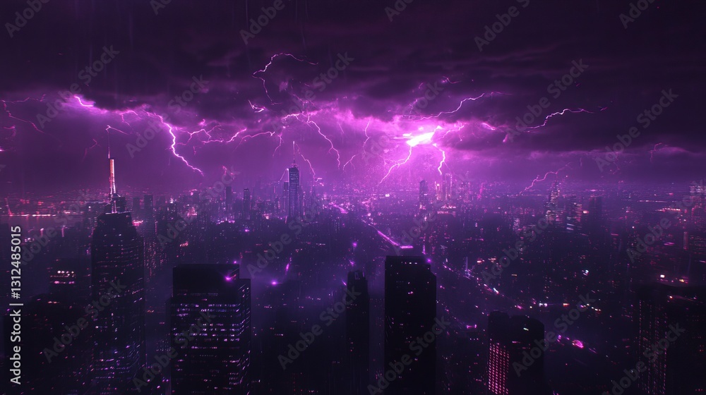 Fototapeta premium City night sky flickers with purple lightning.