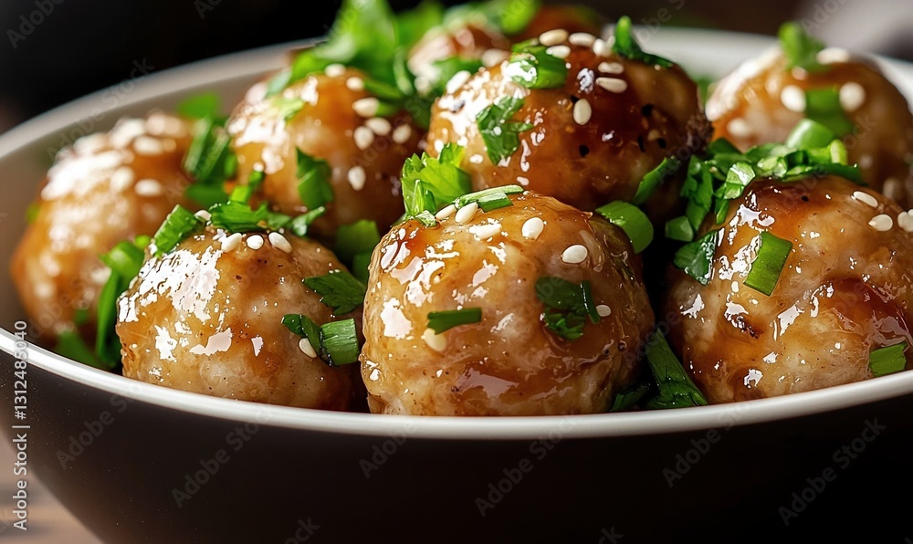 Discover the savory delight of ultra-detailed close-up Chicken Teriyaki Meatballs garnished with fresh herbs and sesame seeds Discover the savory delight of ultra-detailed close-up Chicken Teriyaki Meatballs garnished with fresh herbs and sesame seeds