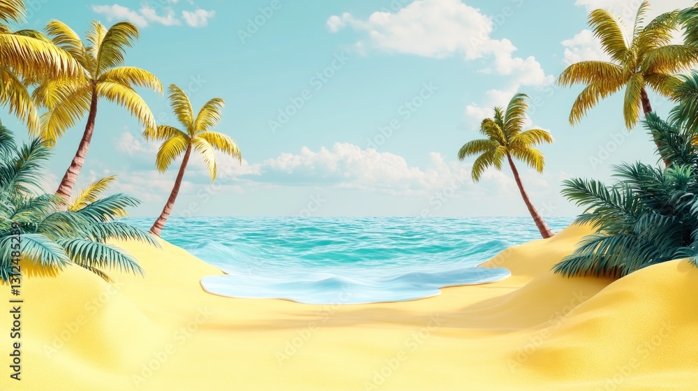 A serene beach scene features palm trees and ocean waves A serene beach scene features palm trees and ocean waves