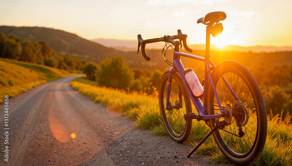 Obraz premium Bicycle resting near scenic trail at sunset, outdoor adventure