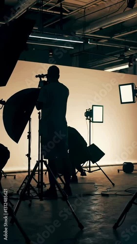 Professional studio team adjusting lighting equipment for modern photoshoot session