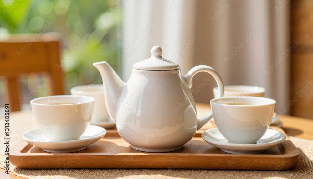 Fototapeta premium Elegant porcelain teapot and teacups on wooden tray, tea time ritual