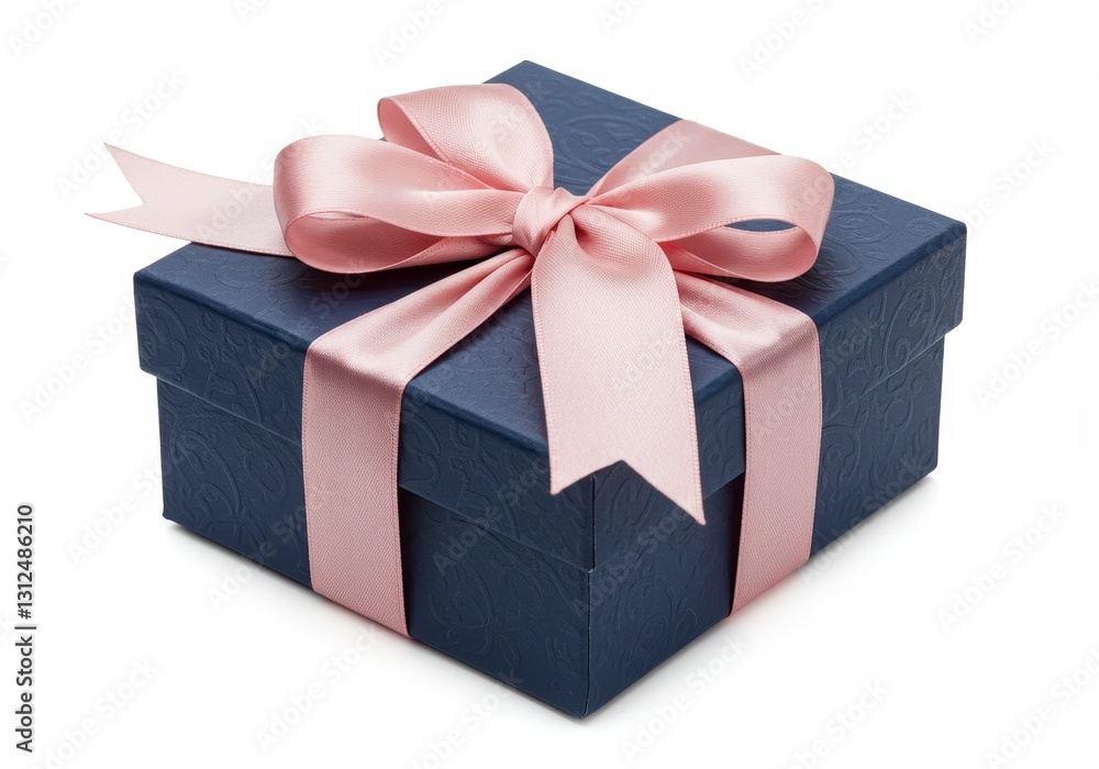 Obraz premium Gift Box with Pink Ribbon on White Background - A navy blue gift box with a pink ribbon symbolizes celebration, appreciation, love, surprise, and joy. Perfect for gifting occasions