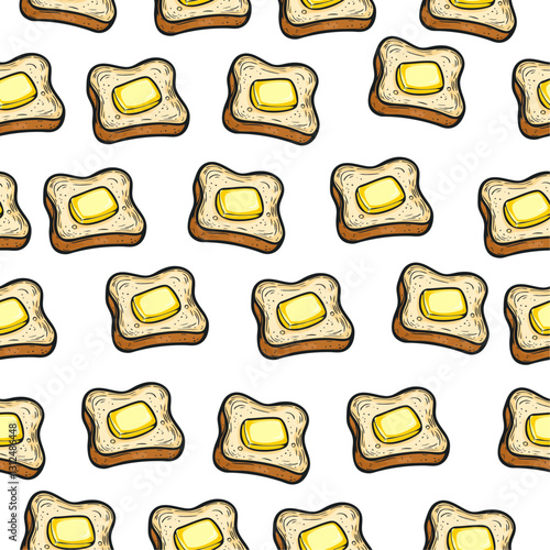 Seamless pattern of cartoon buttered toast on transparent background. ideal for culinary or breakfast-themed designs.