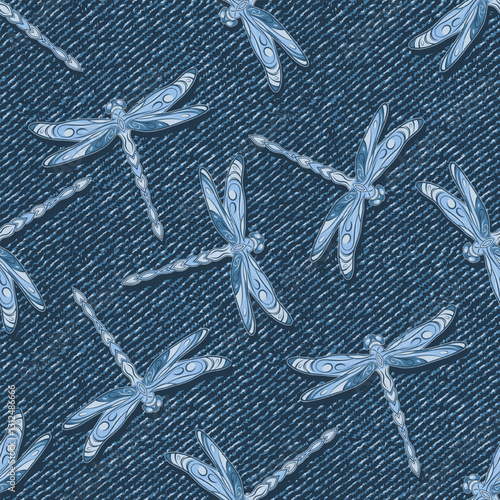 Seamless denim pattern with flying dragonflies with spread wings. Random composition. Boho style. Dotted textured background.