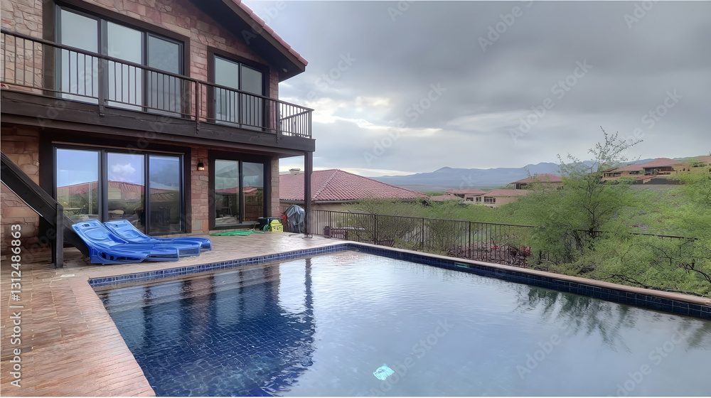 Obraz premium A house with a pool overlooks a landscape of distant mountains