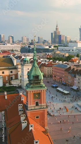 Aerial vertical sunset view of Warsaw Royal Castle and the Castle Square. Destroyed during the WWII and later restored. Symbol of independence of Polish state and national cultural monument. Poland.
