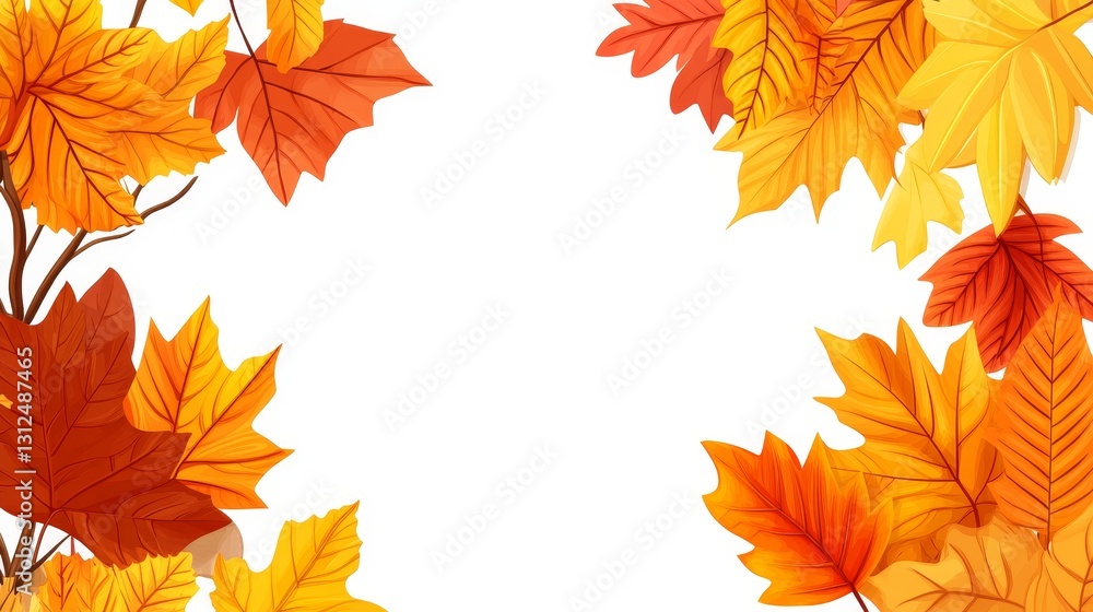Fototapeta premium Vibrant autumn leaves in warm orange and yellow hues framing a blank white background