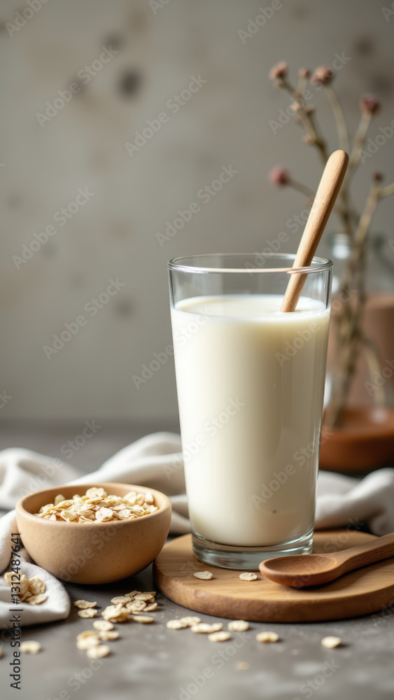 Glass filled with milk, topped with a stick of cinnamon. Next to it is a bowl of oat flakes. Glass filled with milk, topped with a stick of cinnamon. Next to it is a bowl of oat flakes.