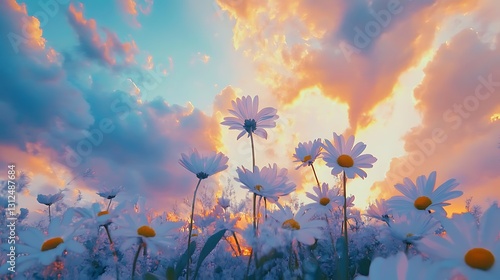 Beautiful white daisies blooming under a vibrant sunset colored sky