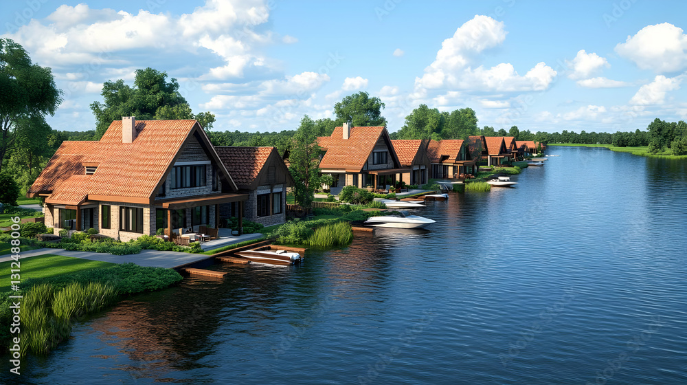 Picturesque Riverfront Houses with Red Tile Roofs Picturesque Riverfront Houses with Red Tile Roofs