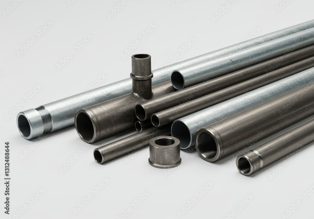 Fototapeta premium Industrial Pipes and Fittings - Metal pipes, fittings, and connections for industrial . Shows variety, strength, and precision engineering. Ideal for construction, manufacturing