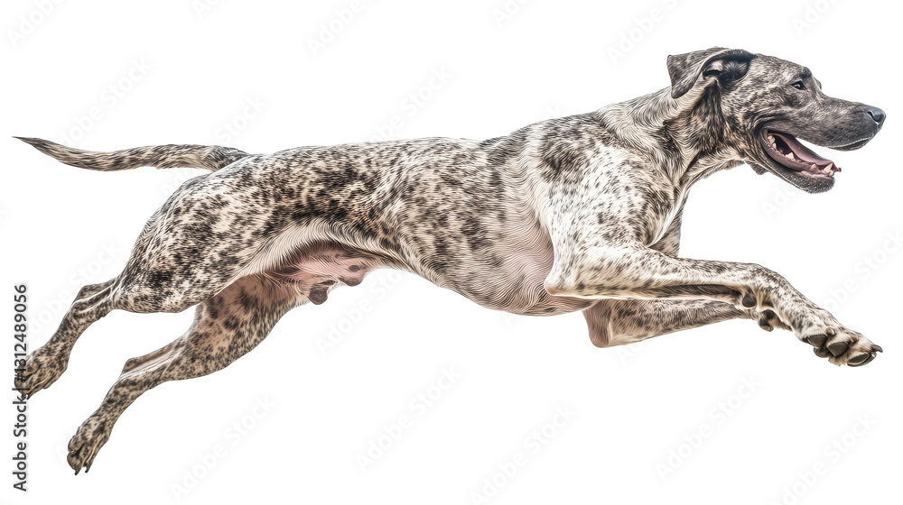 Fototapeta premium Great Dane in mid-air leap showcasing its powerful body and athletic grace against a transparent background