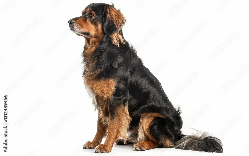 An elegant Beagliere dog sits perfectly poised on a white background, its warm eyes reflecting intelligence and loyalty. An elegant Beagliere dog sits perfectly poised on a white background, its warm eyes reflecting intelligence and loyalty.