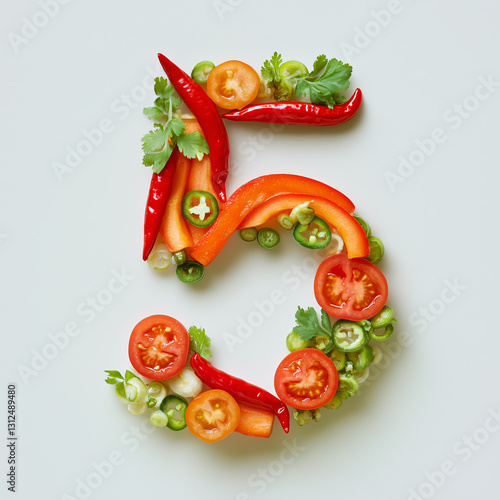 Number Five Veggie Art: Peppers, Tomatoes, Herbs, Creative Food, Healthy Eating, Fresh Ingredients