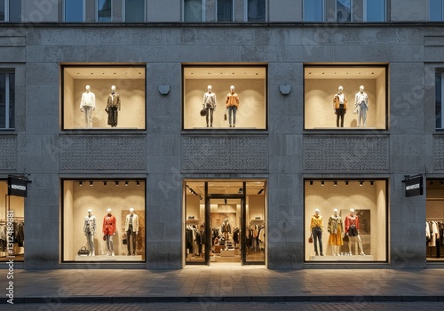 Modern Boutique Store Front - Stylish clothing store exterior at night, mannequins display latest fashion trends