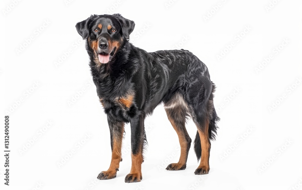 An alert Beauceron dog stands facing forward, showcasing its perked ears and muscular build, with a white studio background emphasizing its strong features. An alert Beauceron dog stands facing forward, showcasing its perked ears and muscular build, with a white studio background emphasizing its strong features.