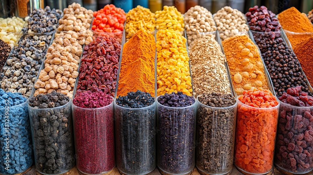 selection of spices and dried fruits displayed at a local bazaar selection of spices and dried fruits displayed at a local bazaar