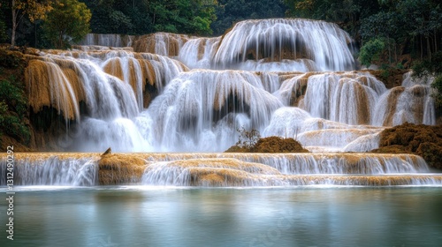 Tropical waterfall cascade in lush jungle, tranquil pool below