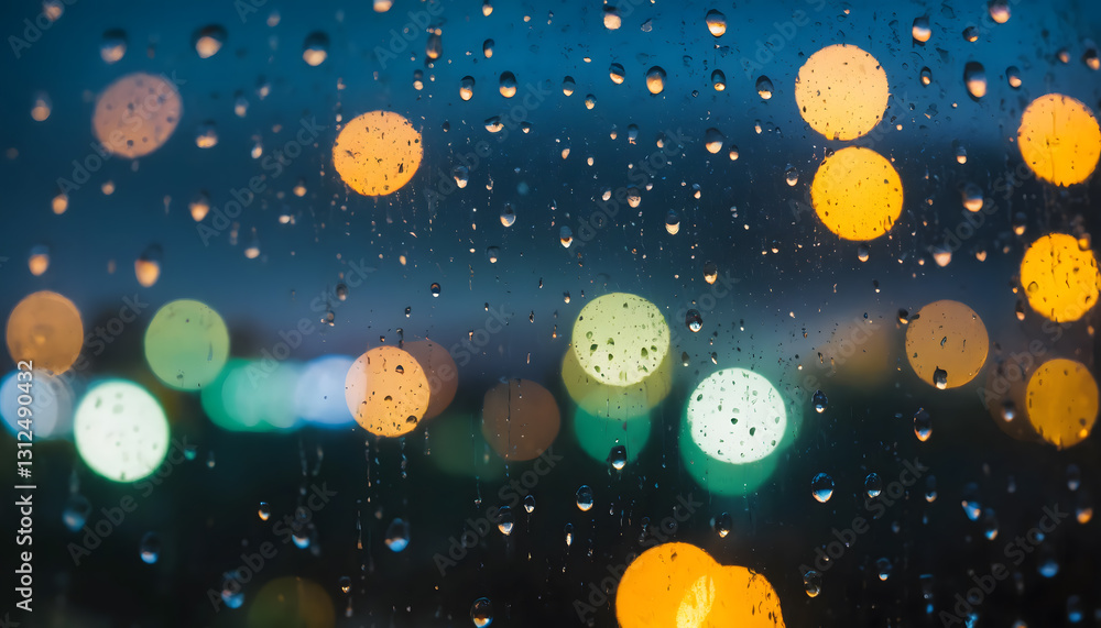 Fototapeta premium Raindrops on a Glass Window with Blurred City Lights