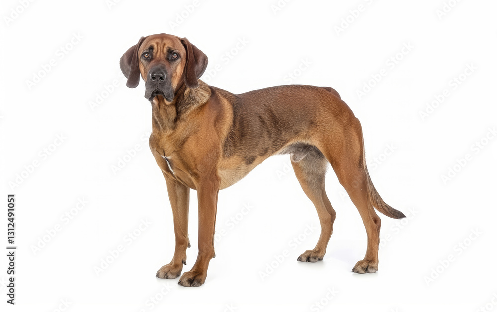 Direct gaze of a Bavarian Mountain Hound against a clean background, highlighting its loyal expression and robust build. Direct gaze of a Bavarian Mountain Hound against a clean background, highlighting its loyal expression and robust build.