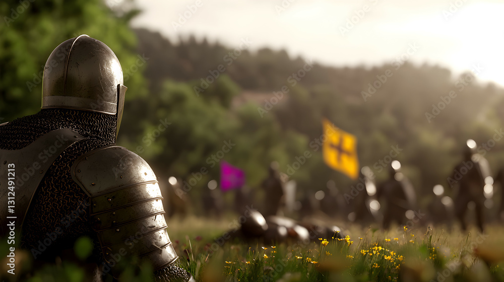 A medieval knight surveys a battle field preparing for conflict