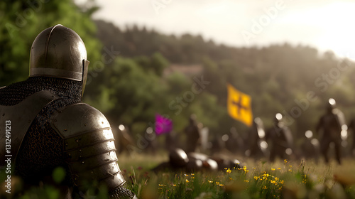 Obraz na płótnie A medieval knight surveys a battle field preparing for conflict w salonie