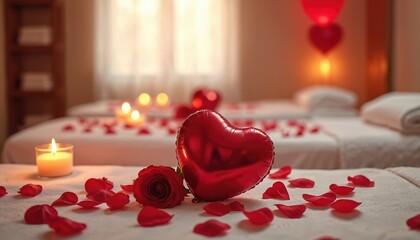 Couples massage setup features rose petals, heart balloons on table, creating romantic love themed decor. Candles burn creating warm ambiance. Perfect for Valentine Day marriage anniversary honeymoon