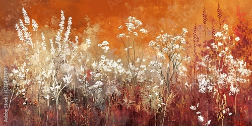 Autumnal field, warm-toned wildflowers against sunset