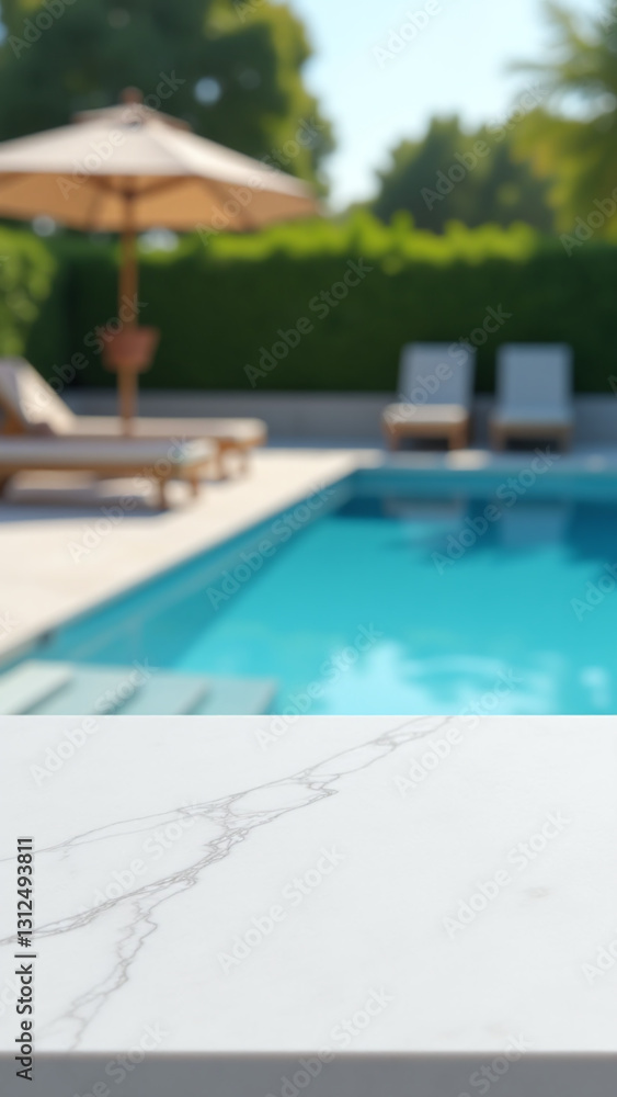 Fototapeta premium white marble tabletop features blurry outdoor pool scene loungers